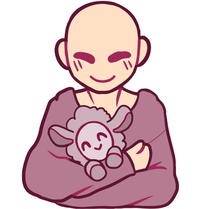A smiling very pale yellow person in a dark pink sweater hugging a grey sheep plushie.